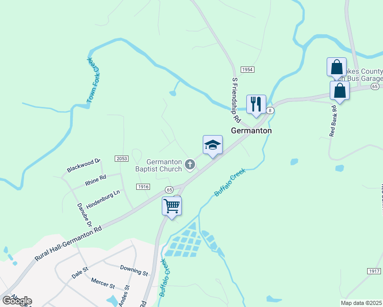 map of restaurants, bars, coffee shops, grocery stores, and more near 1046 Styers Street in Germanton