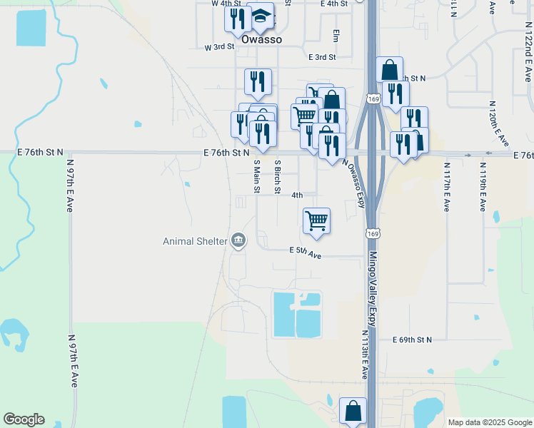 map of restaurants, bars, coffee shops, grocery stores, and more near 412 S Birch St in Owasso