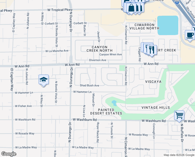 map of restaurants, bars, coffee shops, grocery stores, and more near 5417 Irish Spring Street in Las Vegas