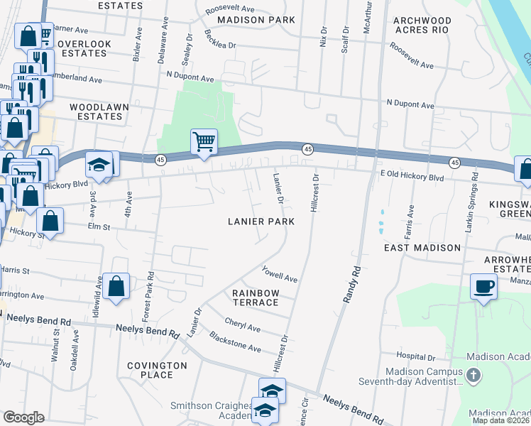 map of restaurants, bars, coffee shops, grocery stores, and more near 2213 Milan Court in Nashville