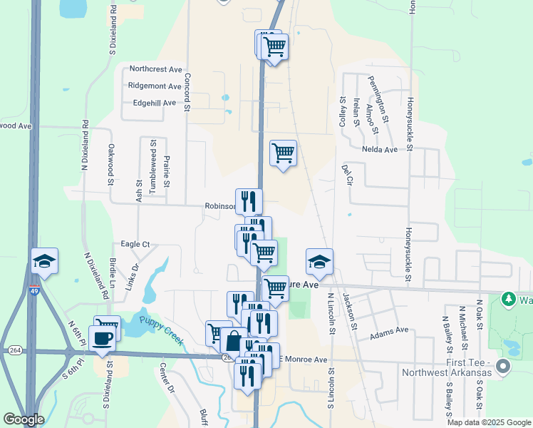 map of restaurants, bars, coffee shops, grocery stores, and more near 425 North Bloomington Street in Lowell