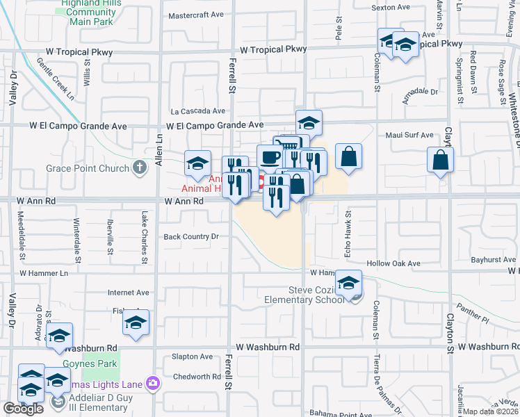 map of restaurants, bars, coffee shops, grocery stores, and more near 5575 Simmons Street in North Las Vegas