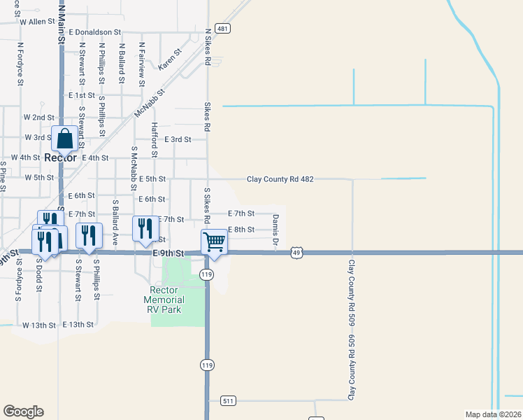 map of restaurants, bars, coffee shops, grocery stores, and more near 819 East 7th Street in Rector