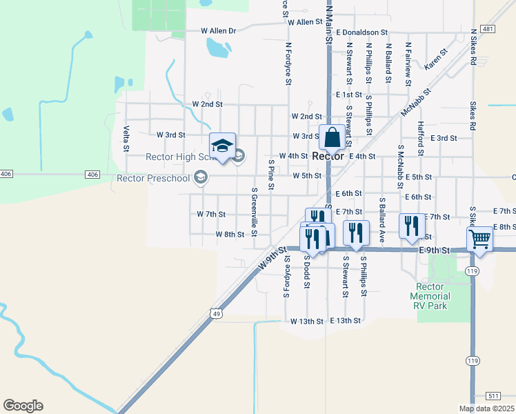 map of restaurants, bars, coffee shops, grocery stores, and more near 611 South Greenville Street in Rector