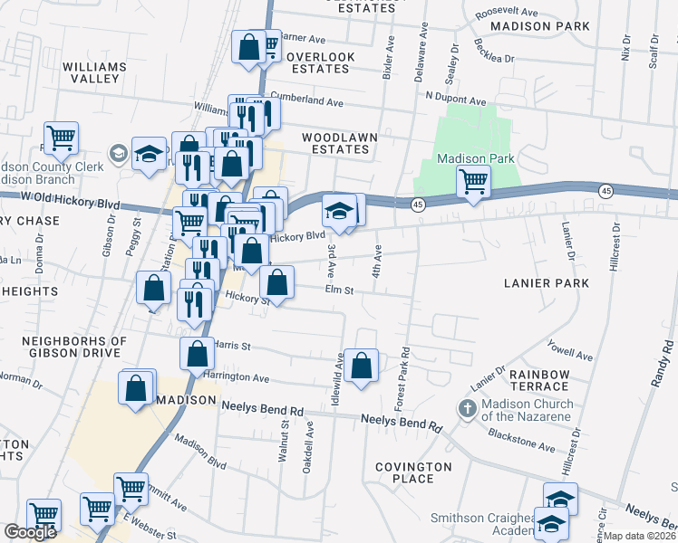 map of restaurants, bars, coffee shops, grocery stores, and more near 207 3rd Avenue in Nashville