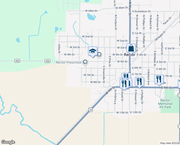map of restaurants, bars, coffee shops, grocery stores, and more near 708 West 7th Street in Rector