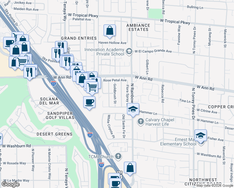 map of restaurants, bars, coffee shops, grocery stores, and more near 5424 Goldbrush Street in Las Vegas