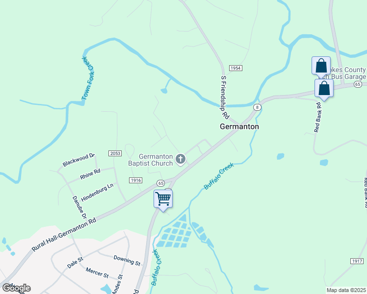 map of restaurants, bars, coffee shops, grocery stores, and more near 1046 Styers Street in Germanton