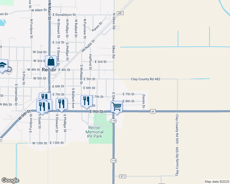 map of restaurants, bars, coffee shops, grocery stores, and more near 801 E 7th St in Rector