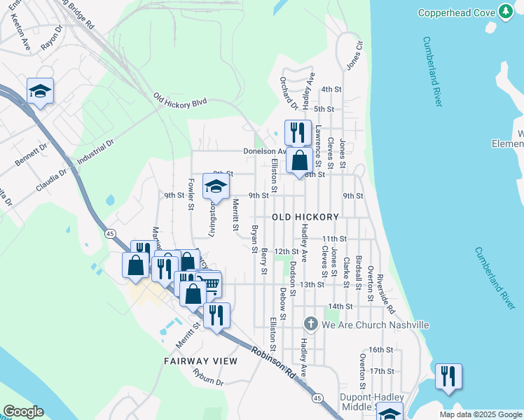 map of restaurants, bars, coffee shops, grocery stores, and more near 912 Berry Street in Nashville