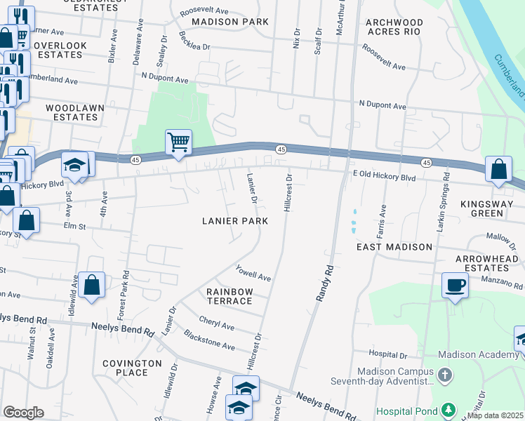 map of restaurants, bars, coffee shops, grocery stores, and more near 145 Lanier Drive in Nashville