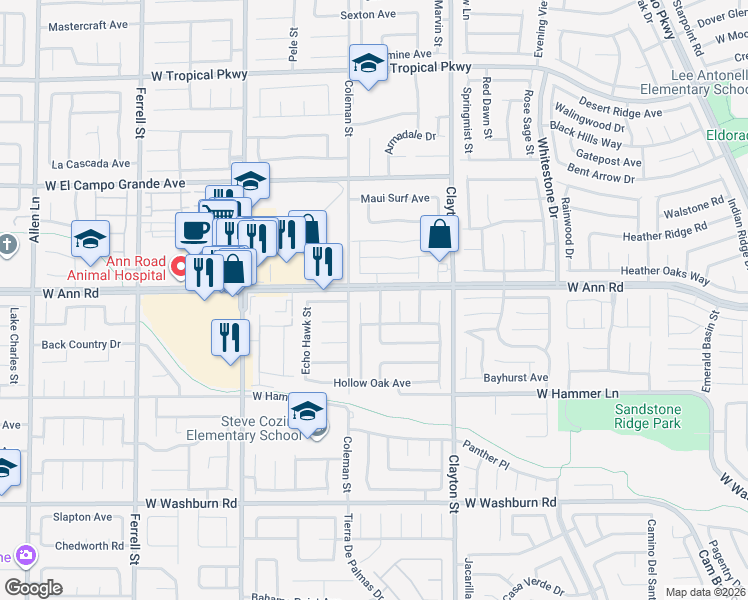 map of restaurants, bars, coffee shops, grocery stores, and more near 5539 Foxtail Ridge Street in North Las Vegas