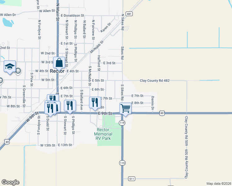 map of restaurants, bars, coffee shops, grocery stores, and more near 618 South Clayton Street in Rector