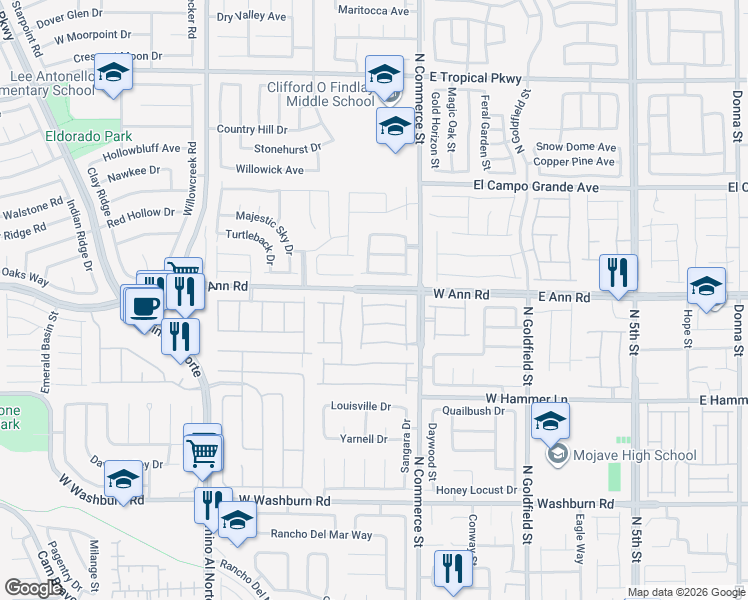 map of restaurants, bars, coffee shops, grocery stores, and more near 344 Casmailia Avenue in North Las Vegas