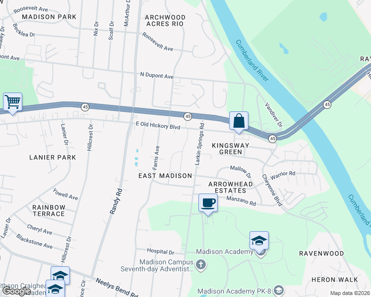 map of restaurants, bars, coffee shops, grocery stores, and more near 1020 East Old Hickory Boulevard in Nashville