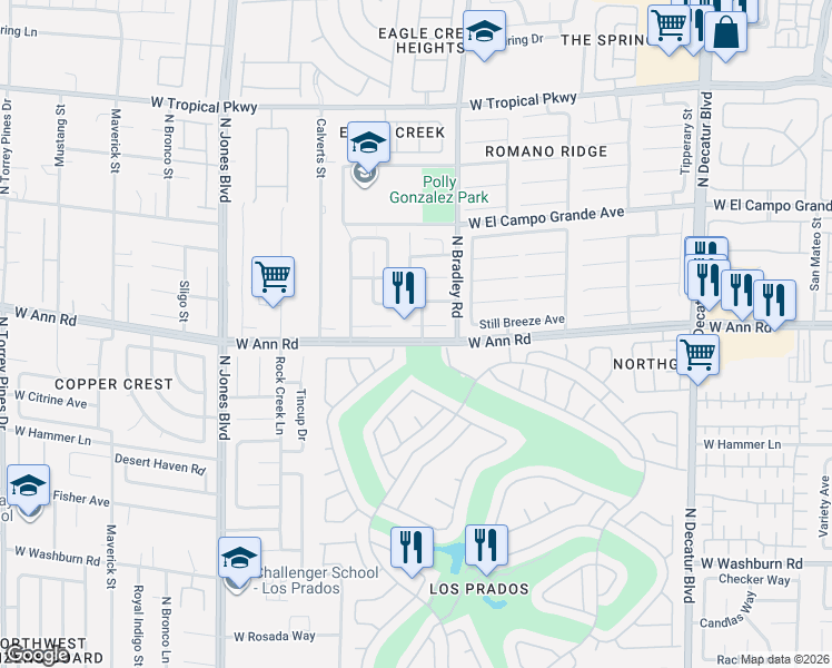 map of restaurants, bars, coffee shops, grocery stores, and more near 5501 Blue Horizon Court in Las Vegas