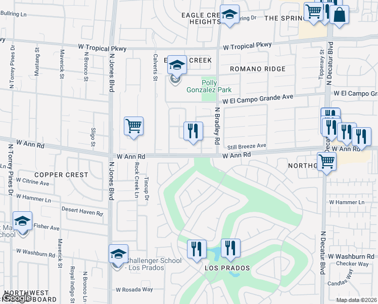 map of restaurants, bars, coffee shops, grocery stores, and more near 5704 Arroyo Dunes Avenue in Las Vegas