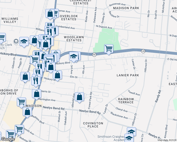 map of restaurants, bars, coffee shops, grocery stores, and more near 417 Elm Street in Nashville