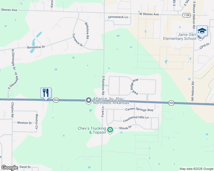 map of restaurants, bars, coffee shops, grocery stores, and more near 306 Sunset Ridge Avenue in Cave Springs