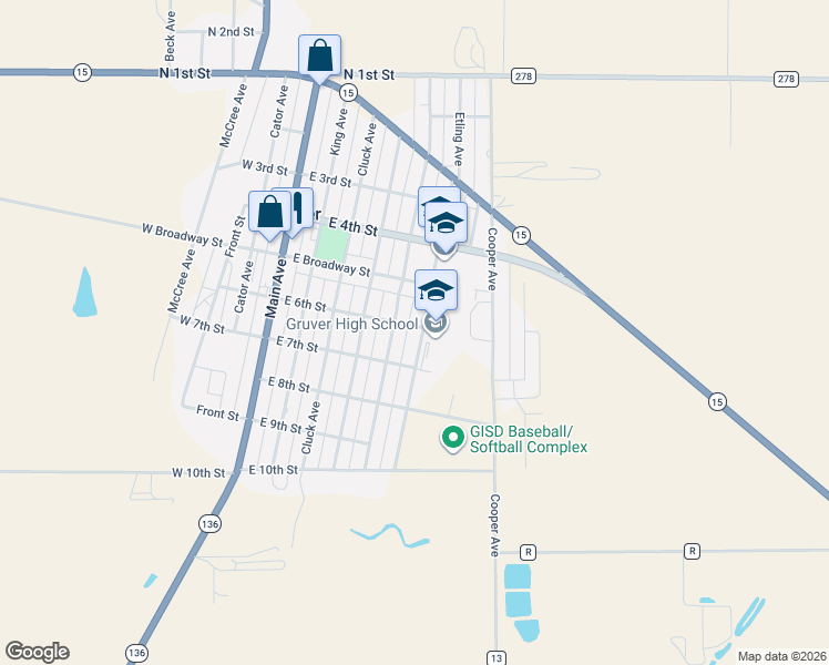 map of restaurants, bars, coffee shops, grocery stores, and more near 602 Garrett Avenue in Gruver