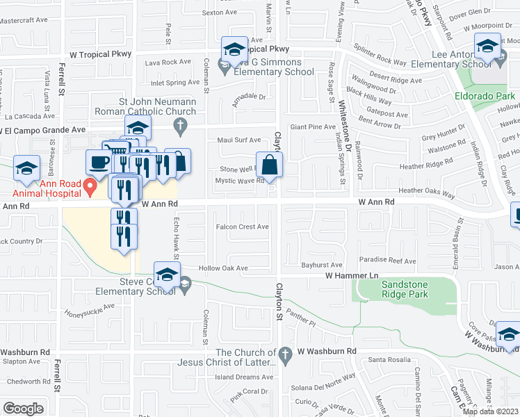 map of restaurants, bars, coffee shops, grocery stores, and more near 5540 Great Divide Street in North Las Vegas