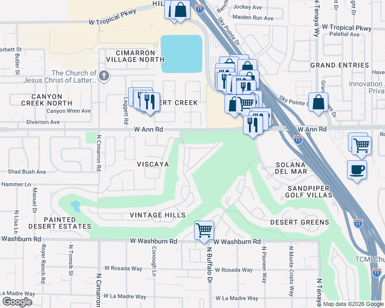 map of restaurants, bars, coffee shops, grocery stores, and more near 5412 Harmony Green Drive in Las Vegas