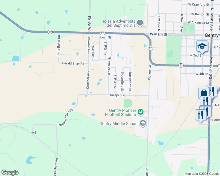 map of restaurants, bars, coffee shops, grocery stores, and more near 699 White Oak Street in Gentry