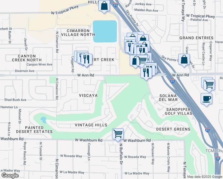 map of restaurants, bars, coffee shops, grocery stores, and more near 5412 Harmony Green Drive in Las Vegas