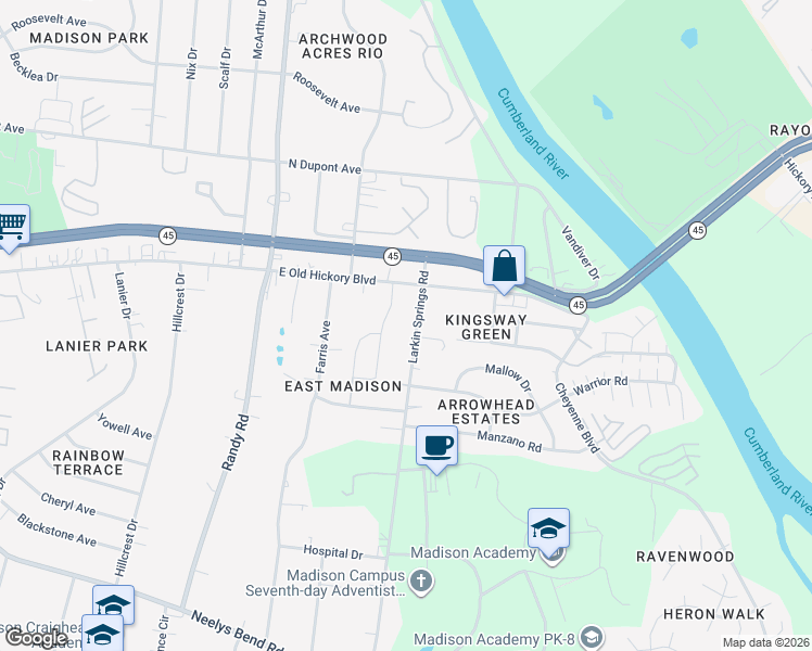 map of restaurants, bars, coffee shops, grocery stores, and more near 128 Larkin Springs Road in Nashville