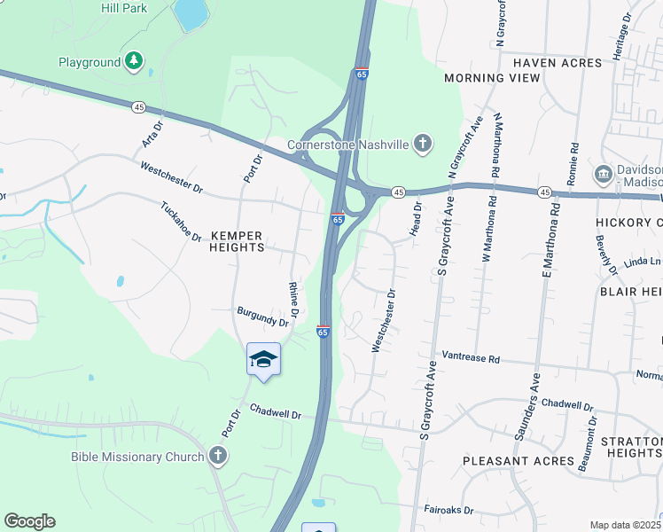 map of restaurants, bars, coffee shops, grocery stores, and more near Interstate 65 in Nashville