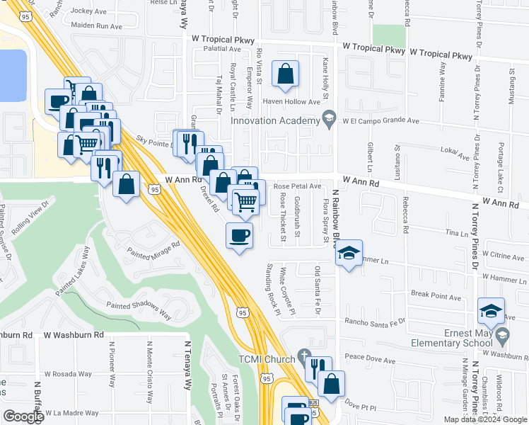 map of restaurants, bars, coffee shops, grocery stores, and more near 5505 Green Willow Street in Las Vegas