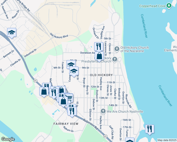 map of restaurants, bars, coffee shops, grocery stores, and more near 905 Berry Street in Nashville
