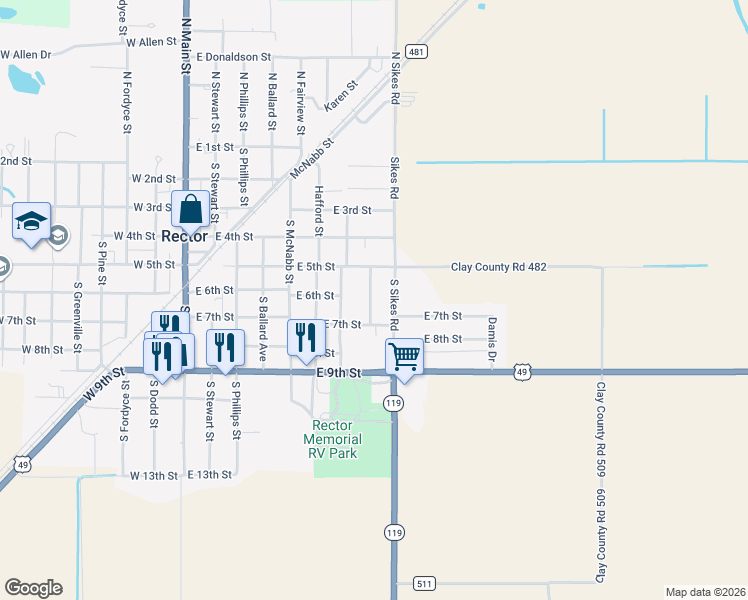 map of restaurants, bars, coffee shops, grocery stores, and more near 618 South Clayton Street in Rector