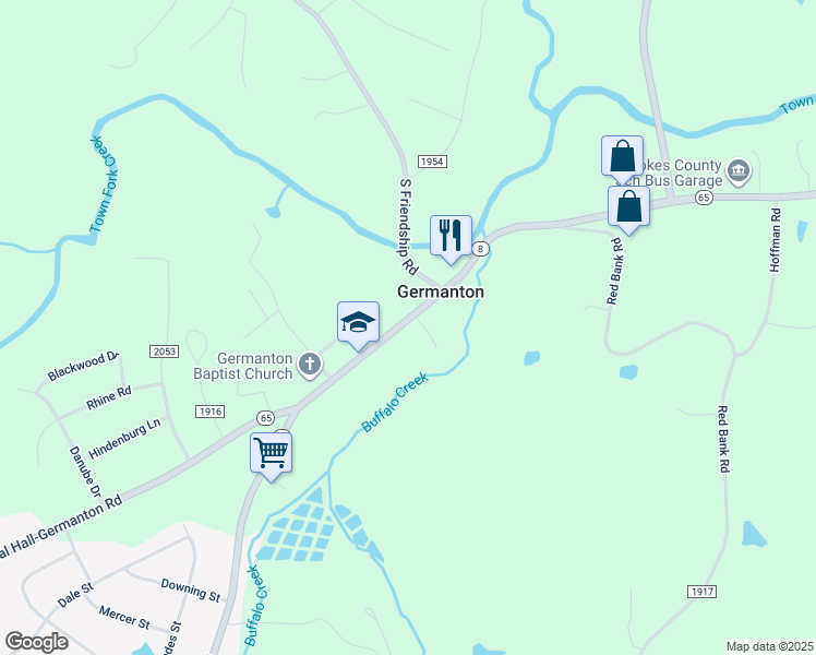 map of restaurants, bars, coffee shops, grocery stores, and more near 3577 North Carolina 8 in Germanton