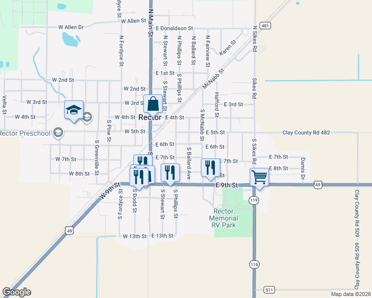 map of restaurants, bars, coffee shops, grocery stores, and more near 321 East 7th Street in Rector