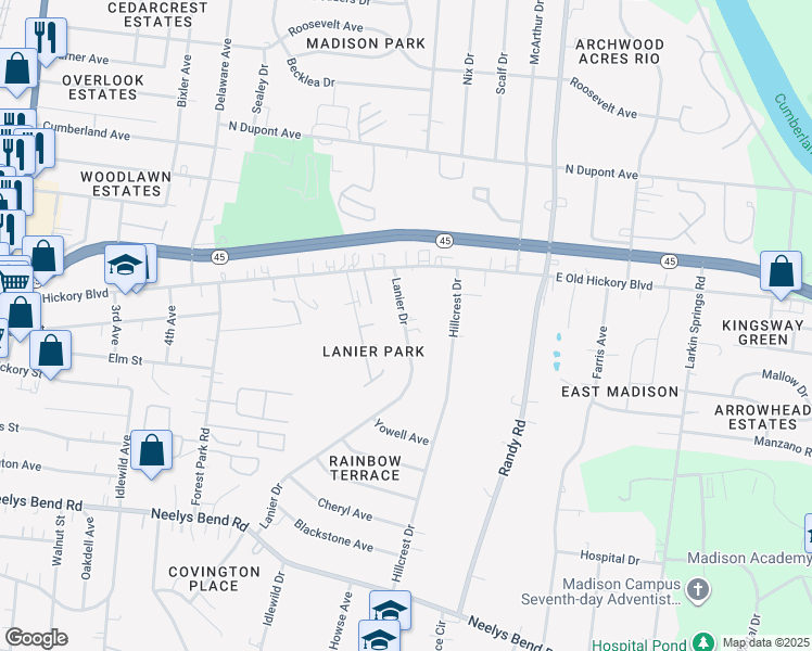 map of restaurants, bars, coffee shops, grocery stores, and more near 145 Lanier Drive in Nashville