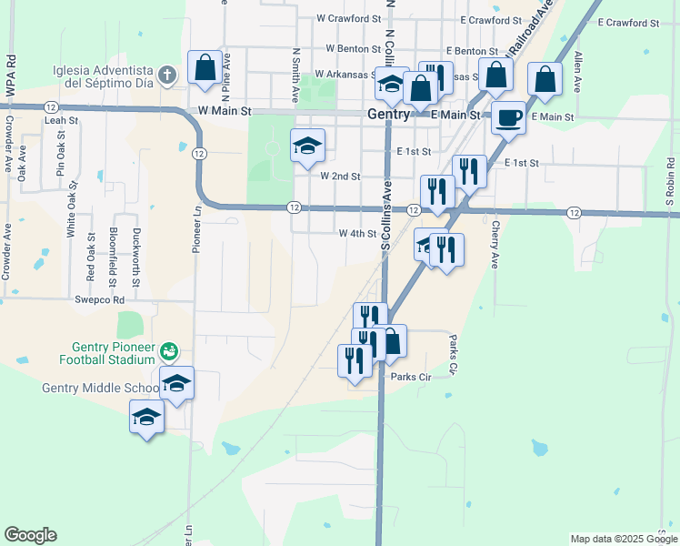 map of restaurants, bars, coffee shops, grocery stores, and more near 245 West 4th Street in Gentry