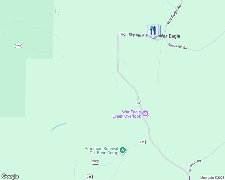map of restaurants, bars, coffee shops, grocery stores, and more near 11375 High Sky Inn Road in Hindsville