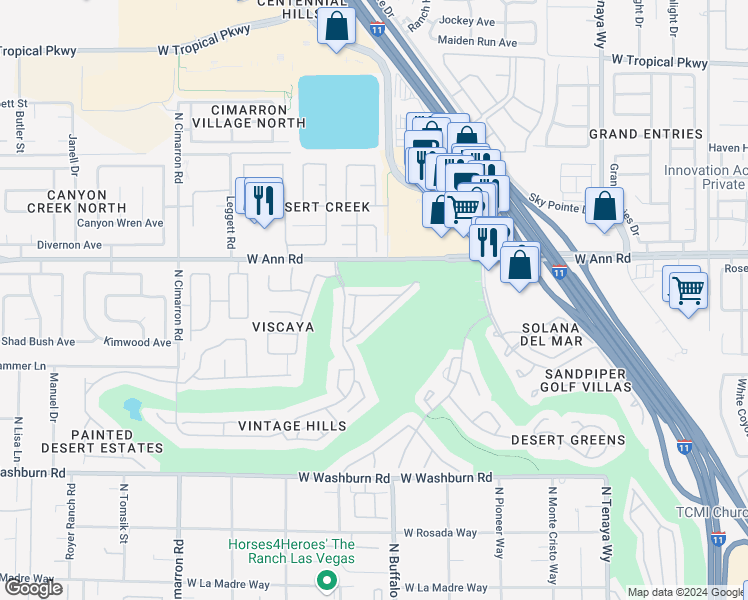 map of restaurants, bars, coffee shops, grocery stores, and more near 7640 Rolling View Drive in Las Vegas