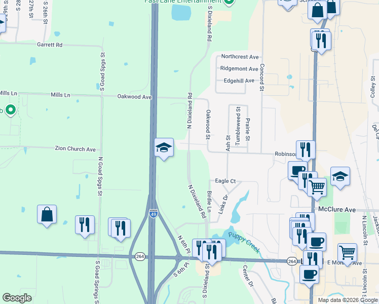map of restaurants, bars, coffee shops, grocery stores, and more near North Dixieland Road in Lowell