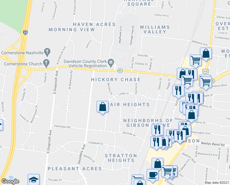 map of restaurants, bars, coffee shops, grocery stores, and more near 119 Beverly Drive in Nashville