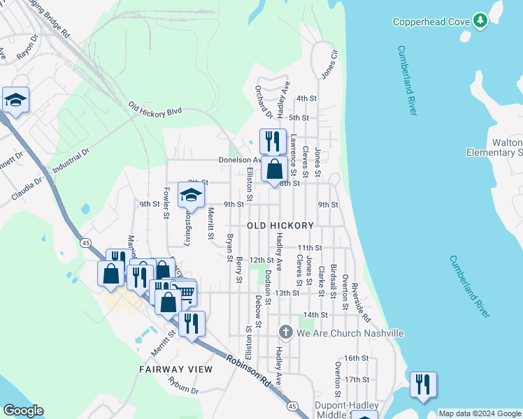 map of restaurants, bars, coffee shops, grocery stores, and more near 903 Debow Street in Nashville