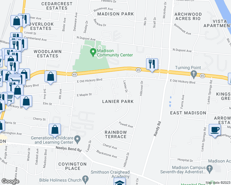 map of restaurants, bars, coffee shops, grocery stores, and more near 2101 Lombardia Court in Nashville