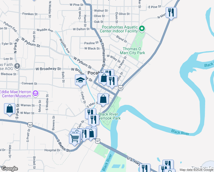 map of restaurants, bars, coffee shops, grocery stores, and more near in Pocahontas