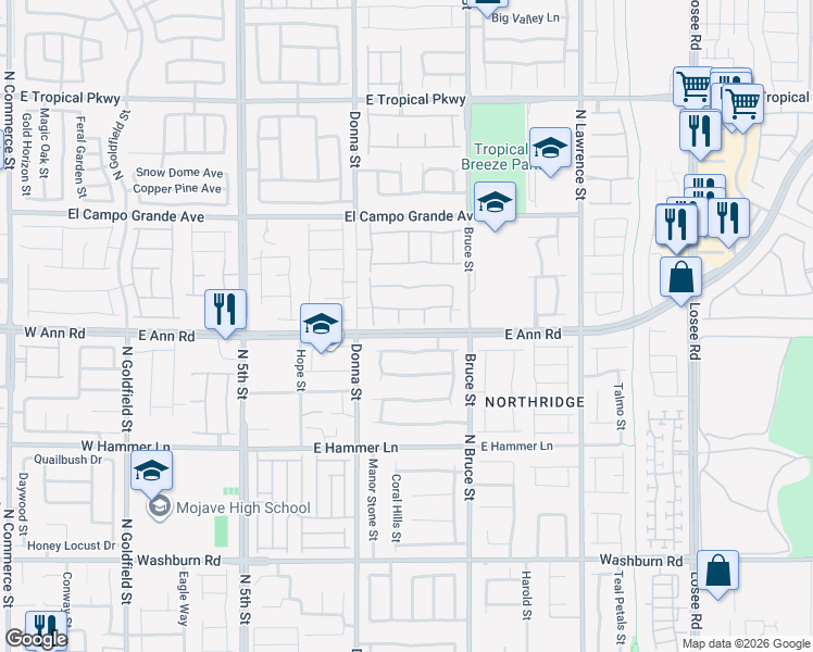 map of restaurants, bars, coffee shops, grocery stores, and more near 5602 Caballo Corral Court in North Las Vegas