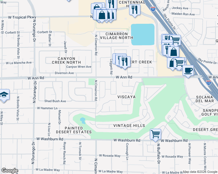 map of restaurants, bars, coffee shops, grocery stores, and more near 5509 Big Sky Lane in Las Vegas