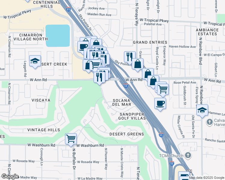 map of restaurants, bars, coffee shops, grocery stores, and more near 5590 Painted Mirage Road in Las Vegas