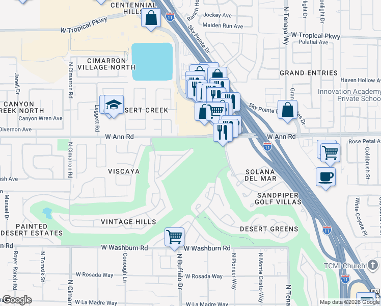 map of restaurants, bars, coffee shops, grocery stores, and more near 7605 Rolling View Drive in Las Vegas