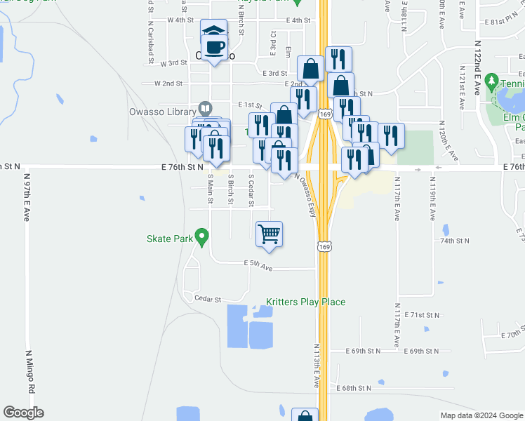 map of restaurants, bars, coffee shops, grocery stores, and more near 320 South Dogwood Street in Owasso
