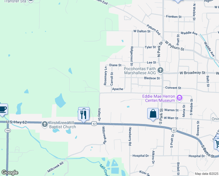 map of restaurants, bars, coffee shops, grocery stores, and more near 607 Carroll Street in Pocahontas
